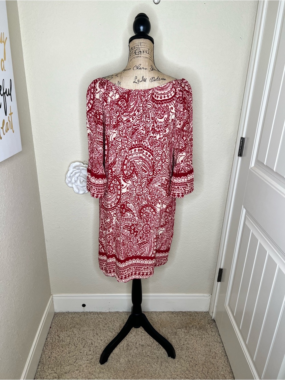 NTM: Umgee Red White Paisley Boho Shift Dress Bell Sleeve Knee Length Medium - Picture 10 of 15